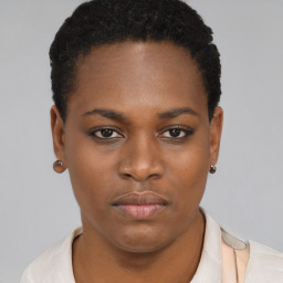 Neutral black young-adult female with short  black hair and brown eyes