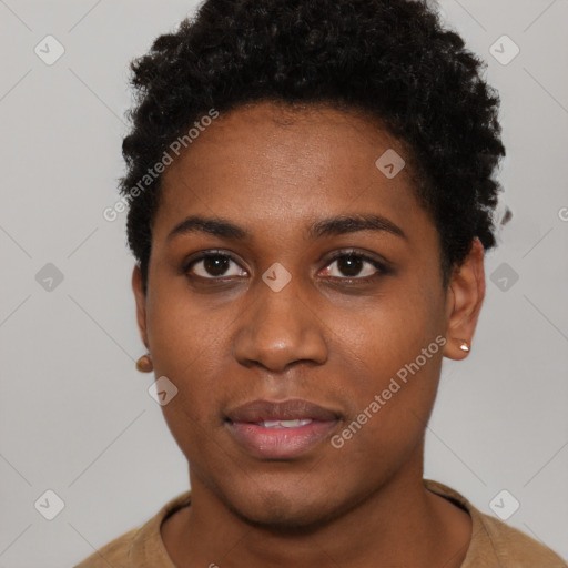 Neutral black young-adult female with short  brown hair and brown eyes