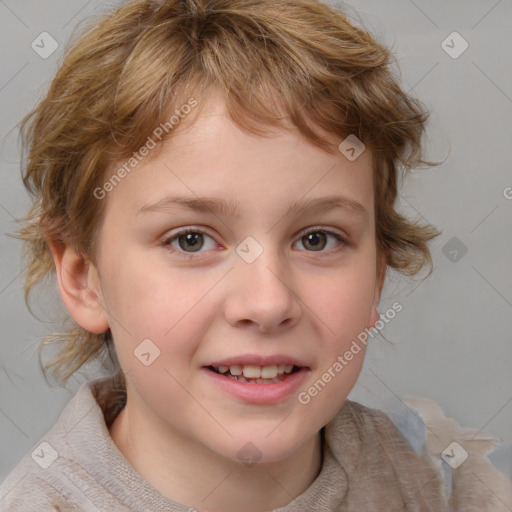 Joyful white child female with medium  brown hair and brown eyes