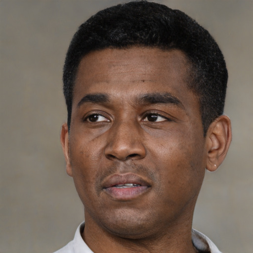 Neutral black young-adult male with short  black hair and brown eyes