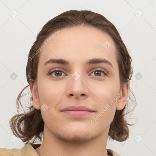 Joyful white young-adult female with medium  brown hair and grey eyes