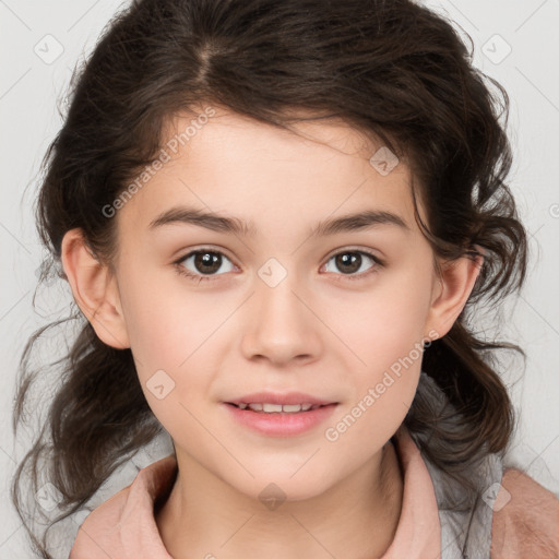 Joyful white child female with medium  brown hair and brown eyes