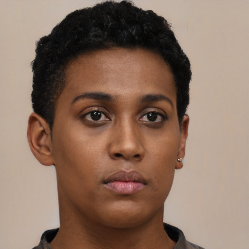 Neutral black young-adult female with short  brown hair and brown eyes