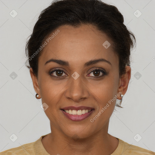 Joyful latino young-adult female with short  brown hair and brown eyes