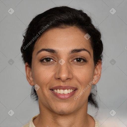 Joyful latino young-adult female with short  brown hair and brown eyes