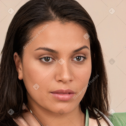 Neutral white young-adult female with long  brown hair and brown eyes