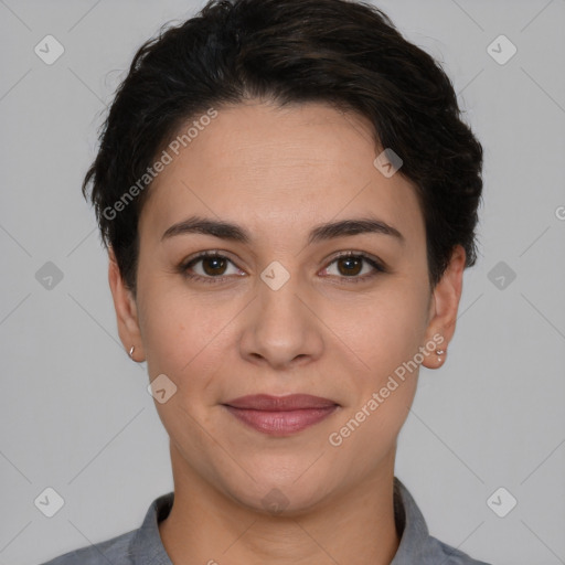 Joyful white young-adult female with short  brown hair and brown eyes