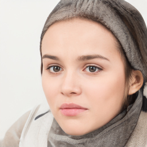 Neutral white young-adult female with short  brown hair and brown eyes