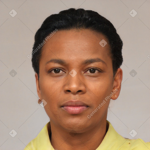 Neutral black young-adult female with short  black hair and brown eyes