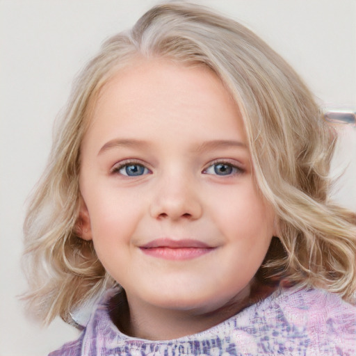 Joyful white child female with medium  brown hair and blue eyes