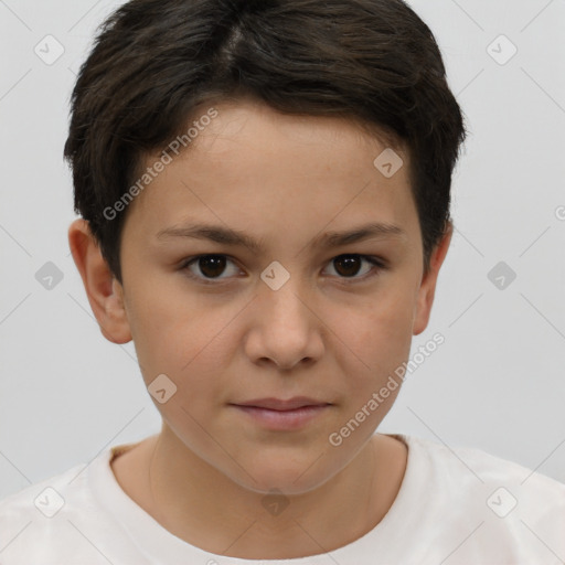 Joyful white child female with short  brown hair and brown eyes