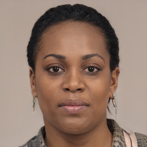 Neutral black young-adult female with short  brown hair and brown eyes