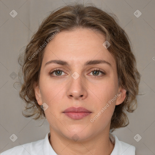 Neutral white young-adult female with medium  brown hair and brown eyes