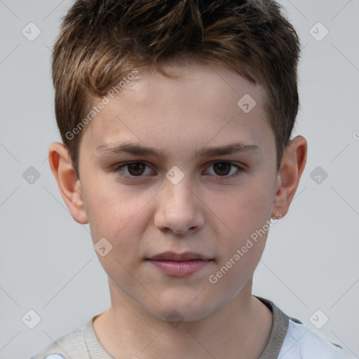 Joyful white child male with short  brown hair and brown eyes