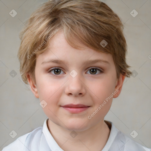 Joyful white child female with short  brown hair and brown eyes