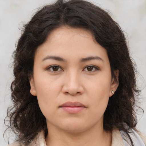 Neutral asian young-adult female with medium  brown hair and brown eyes
