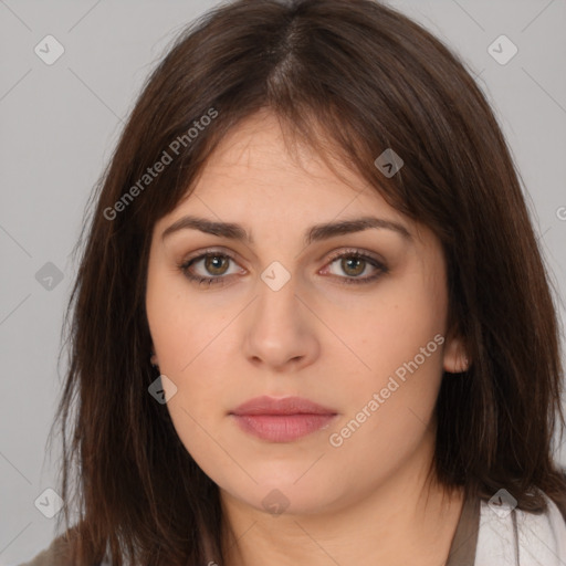 Neutral white young-adult female with medium  brown hair and brown eyes