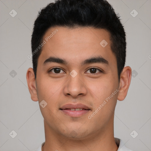 Neutral latino young-adult male with short  black hair and brown eyes