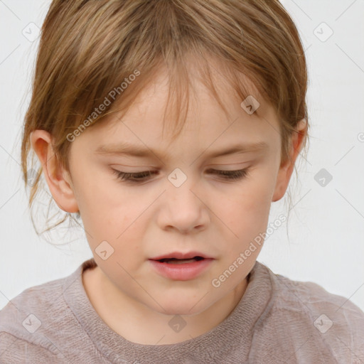 Joyful white child female with medium  brown hair and grey eyes