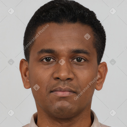Neutral latino young-adult male with short  brown hair and brown eyes