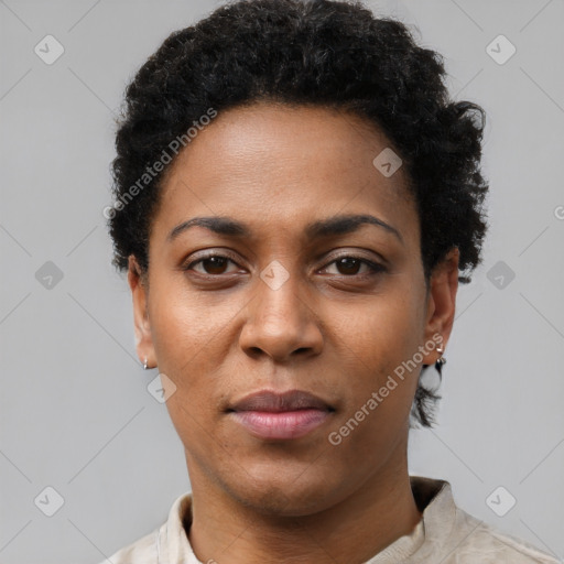 Neutral black young-adult female with short  black hair and brown eyes