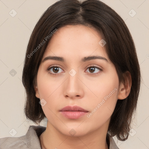 Neutral white young-adult female with medium  brown hair and brown eyes