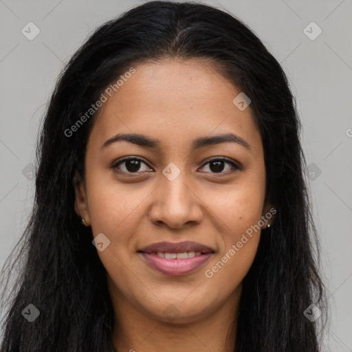 Joyful latino young-adult female with long  brown hair and brown eyes