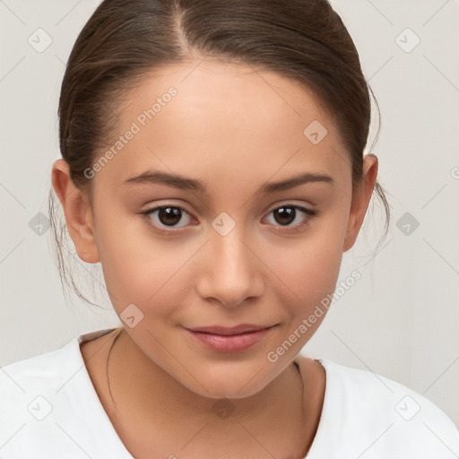 Joyful white child female with medium  brown hair and brown eyes