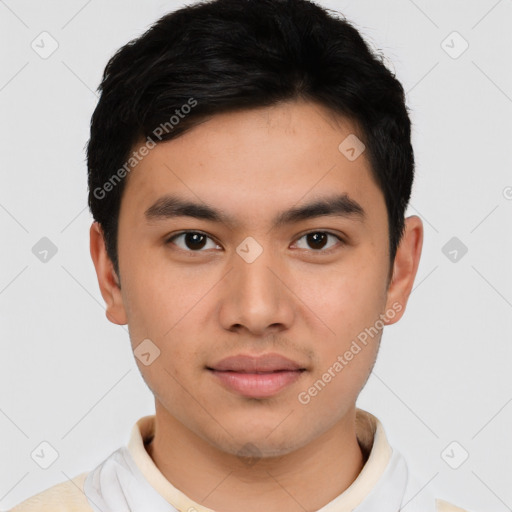 Neutral asian young-adult male with short  black hair and brown eyes