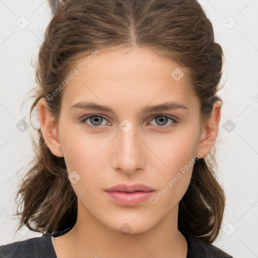 Neutral white young-adult female with medium  brown hair and brown eyes