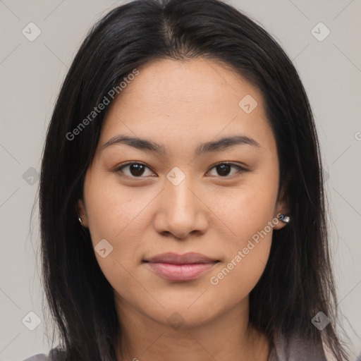 Joyful asian young-adult female with medium  brown hair and brown eyes