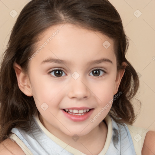 Joyful white child female with medium  brown hair and brown eyes