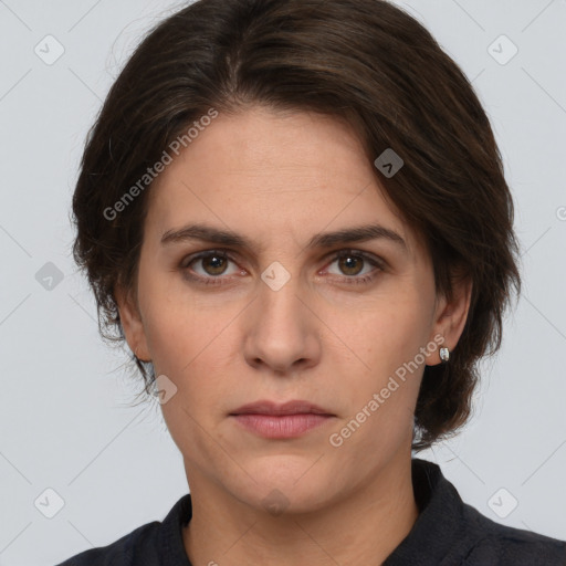 Neutral white young-adult female with medium  brown hair and brown eyes