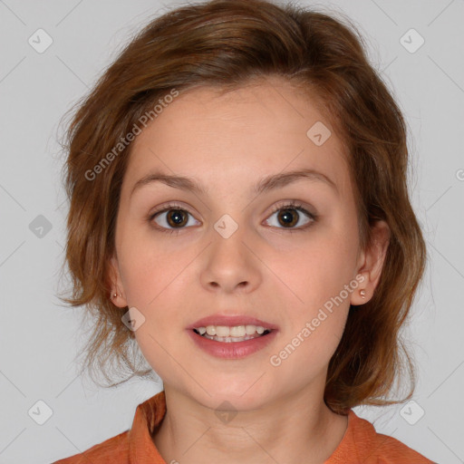 Joyful white child female with medium  brown hair and brown eyes