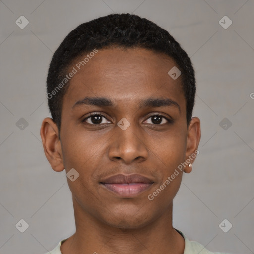 Joyful black young-adult male with short  black hair and brown eyes