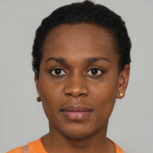 Neutral black young-adult female with short  black hair and brown eyes