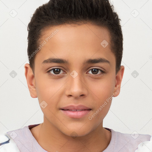 Joyful white child male with short  brown hair and brown eyes