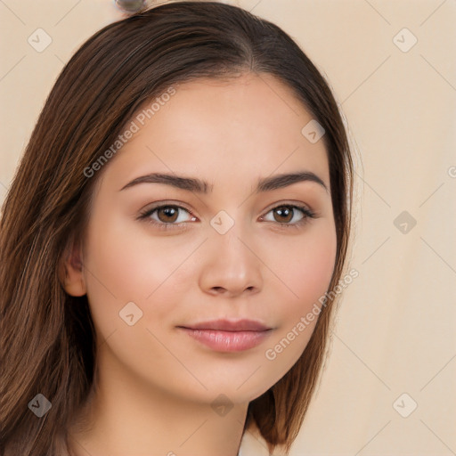 Neutral white young-adult female with long  brown hair and brown eyes