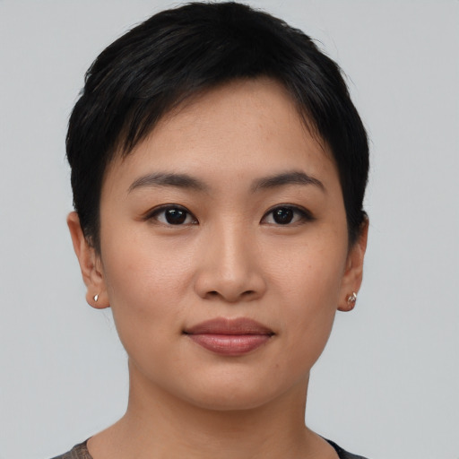 Neutral asian young-adult female with short  black hair and brown eyes