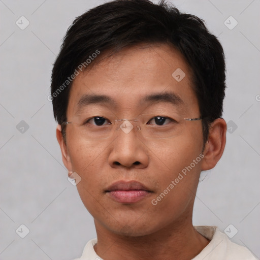 Neutral asian young-adult male with short  brown hair and brown eyes