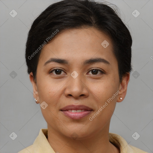 Joyful asian young-adult female with short  brown hair and brown eyes