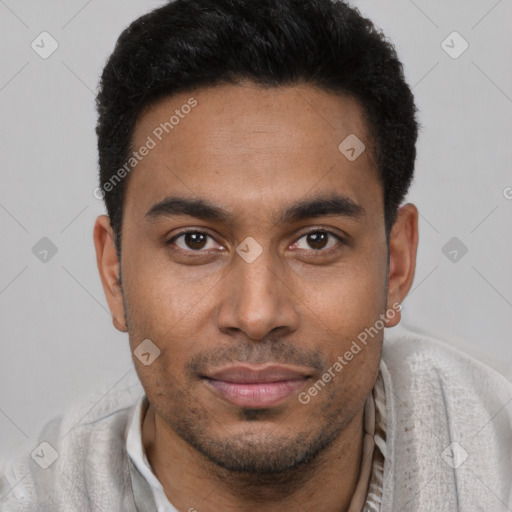 Neutral black young-adult male with short  brown hair and brown eyes