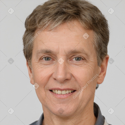 Joyful white middle-aged male with short  brown hair and brown eyes