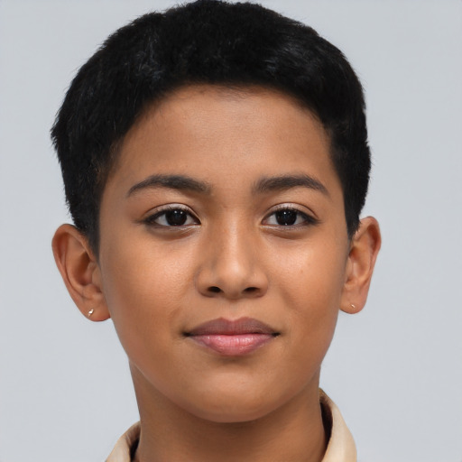 Joyful asian young-adult female with short  black hair and brown eyes