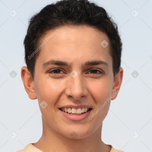 Joyful white young-adult female with short  brown hair and brown eyes