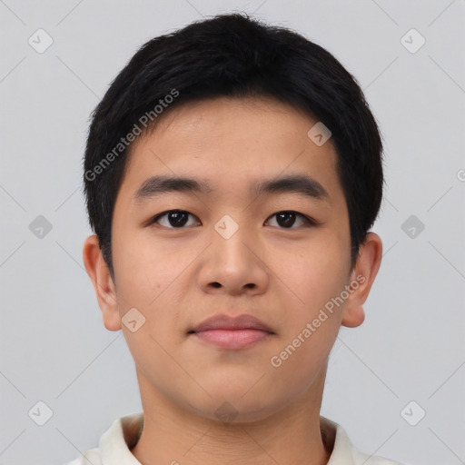 Neutral asian young-adult male with short  black hair and brown eyes