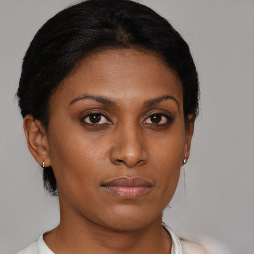 Joyful black young-adult female with short  brown hair and brown eyes