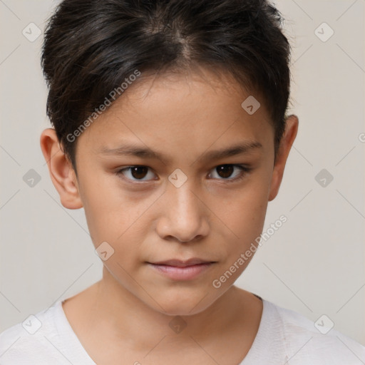 Joyful white child female with short  brown hair and brown eyes