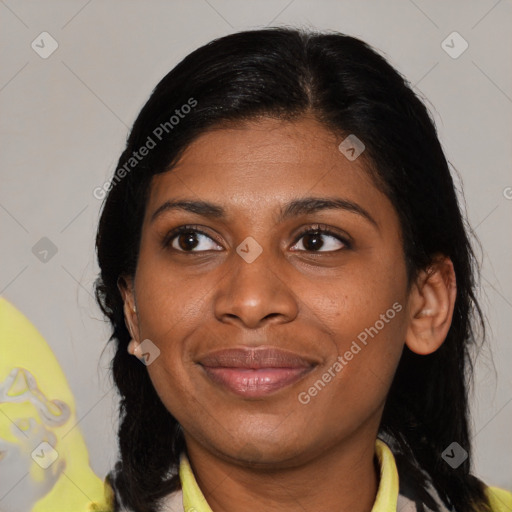 Joyful latino young-adult female with medium  black hair and brown eyes