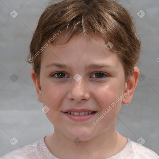 Joyful white child female with short  brown hair and brown eyes